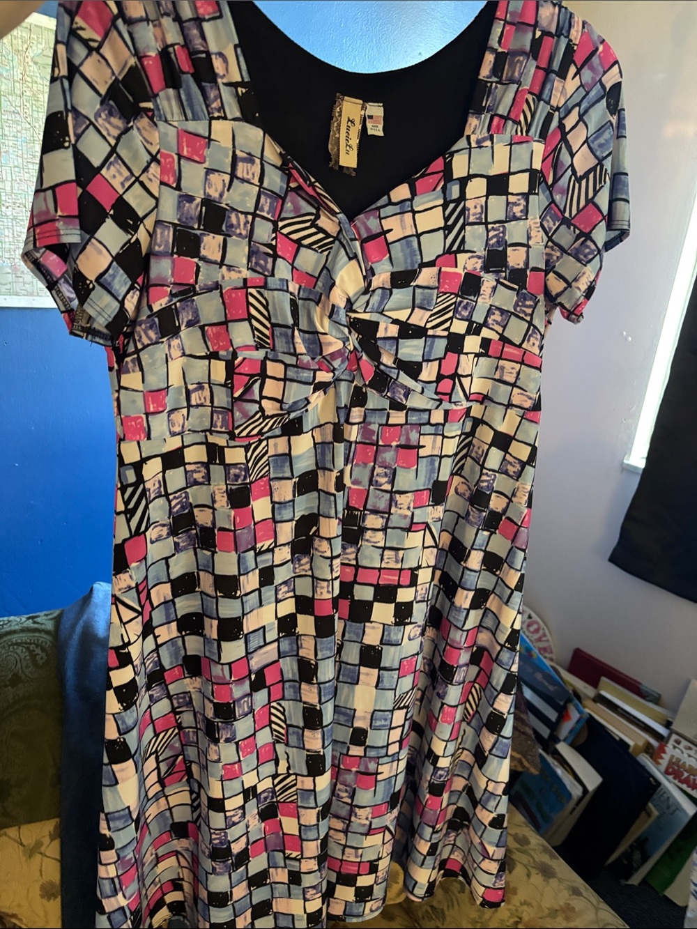 Women's Midi Dress with Blue, Pink & Black Geometric Print